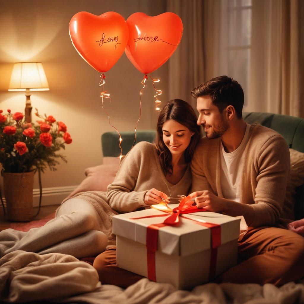 A cozy scene featuring a couple exchanging thoughtful gifts; the setting includes warm lighting, a beautifully wrapped gift box with a love note, and heartfelt expressions on their faces. Surround them with delicate decorations like heart-shaped balloons and soft flowers, conveying warmth and intimacy. The background should be softly blurred to emphasize the couple's connection. super-realistic. warm colors. cozy atmosphere.