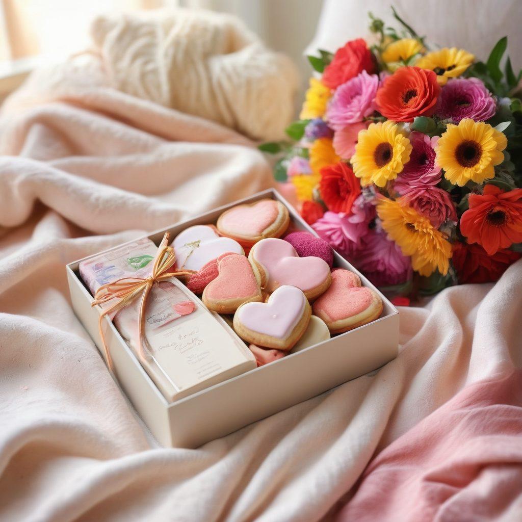 A beautifully arranged gift box overflowing with colorful, handmade items like heart-shaped cookies, a bouquet of flowers, a handwritten love letter, and a cozy blanket, symbolizing thoughtful purchases to express affection. The background features soft pastel colors and gentle lighting to evoke warmth and love. super-realistic. vibrant colors. soft focus.