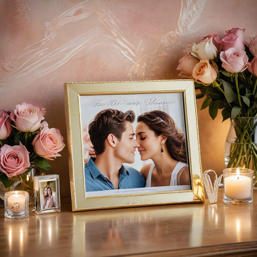 A beautifully arranged assortment of personalized gifts such as engraved jewelry, custom photo frames, and heartfelt handwritten love letters, all crafted in a soft, romantic atmosphere with warm lighting. Include delicate flowers surrounding the gifts to enhance the emotional appeal, and incorporate a couple in the background sharing a loving glance. The overall ambiance should evoke feelings of romance and connection. super-realistic. warm colors. soft focus.